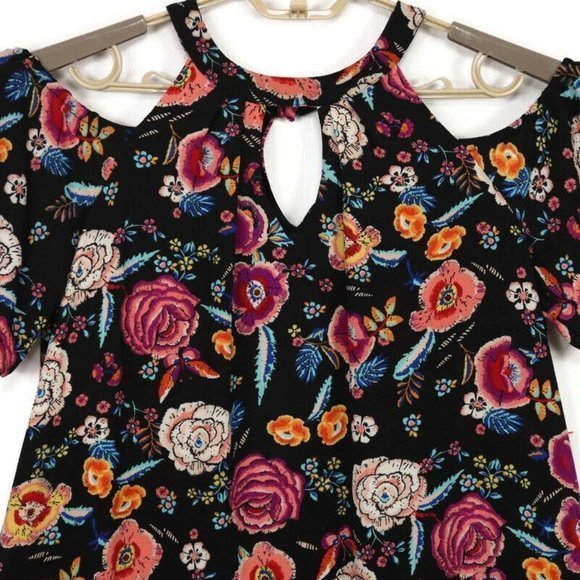 As U Wish Cold Shoulder Dress‎ Black Pink Floral Keyhole L Large - Picture 6 of 12
